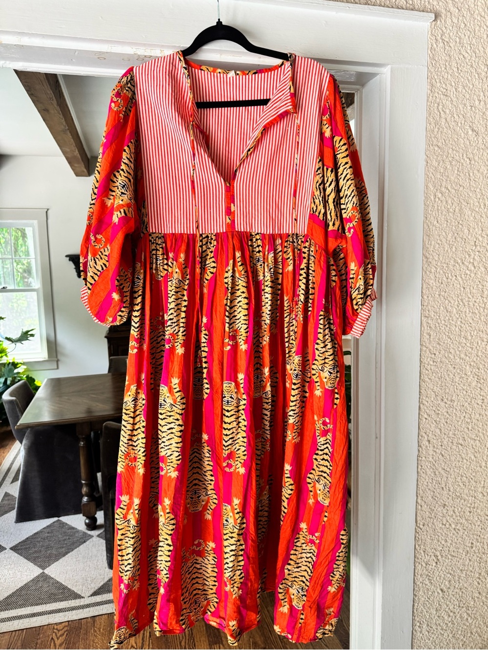 Bohemian Striped & Tiger Print Midi Dress in Orange and Pink - Picture 2 of 3